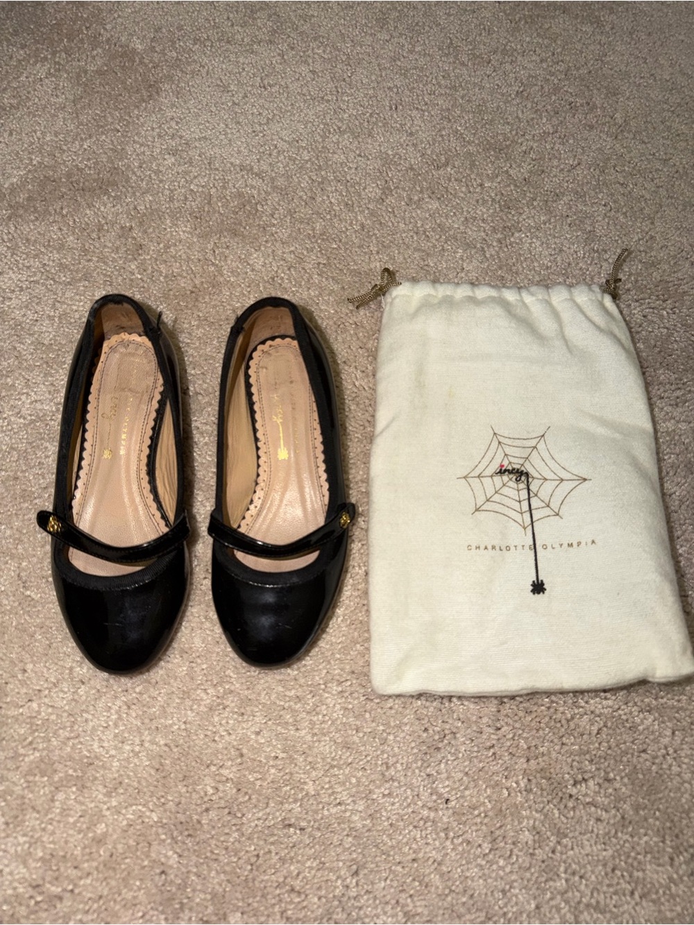Charlotte Olympia Black Patent Mary Jane Flats, Size 10 Toddler